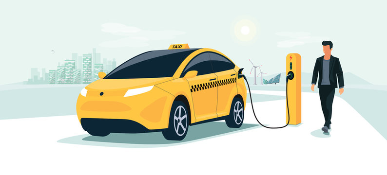 Yellow electric car taxi charging on charger station with taxi driver and city skyline. Shared battery EV vehicle plugged getting electricity from renewable power generations solar panel wind turbine.