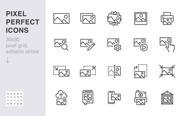 Photo line icon set. Image gallery, picture frame, printer, file resize, camera minimal vector illustrations. Simple outline signs for photos editor application. 30x30 Pixel Perfect. Editable Strokes