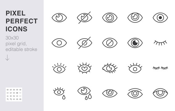 Eye line icon set. Open, closed eyes, visible invisible concept, hidden password, view minimal vector illustrations. Simple outline signs for web application ui. 30x30 Pixel Perfect. Editable Strokes