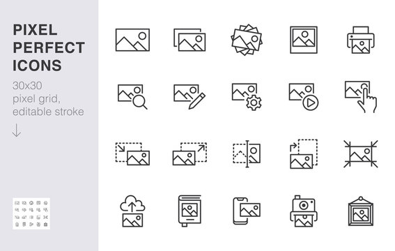 Photo line icon set. Image gallery, picture frame, printer, file resize, camera minimal vector illustrations. Simple outline signs for photos editor application. 30x30 Pixel Perfect. Editable Strokes