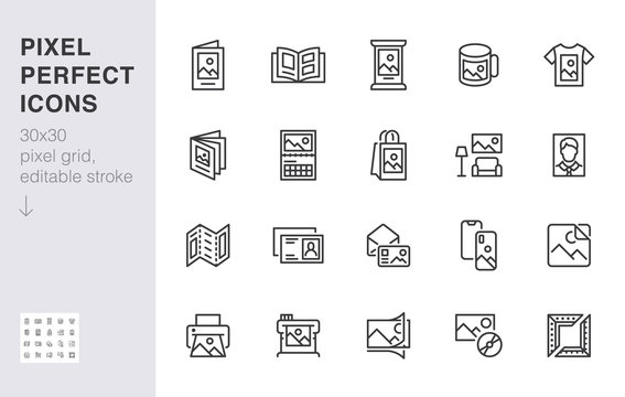 Photo printing line icon set. Brand identity printed on products like brochure, banner, mug, plotter vector illustrations. Simple outline signs for polygraphy. 30x30 Pixel Perfect. Editable Strokes