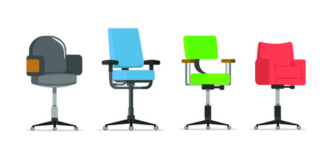 Office chair design with various design, used for interior design in flat cartoon style.