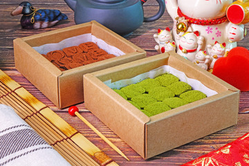 Japanese Nama chocolate : Mutcha green tea chocolate and Dark chocolate in paper box, famous...