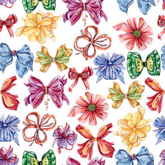 Obraz premium Seamless pattern with watercolor bows. Set in different colors and styles. Holiday design concept for fabric, wallpaper, wrapping paper, prints and poster. Hand drawn illustration