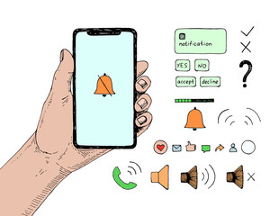 Hand drawn sketch of modern smartphone in hand with set of communication, contact, settings icons. Vector mobile device illustration