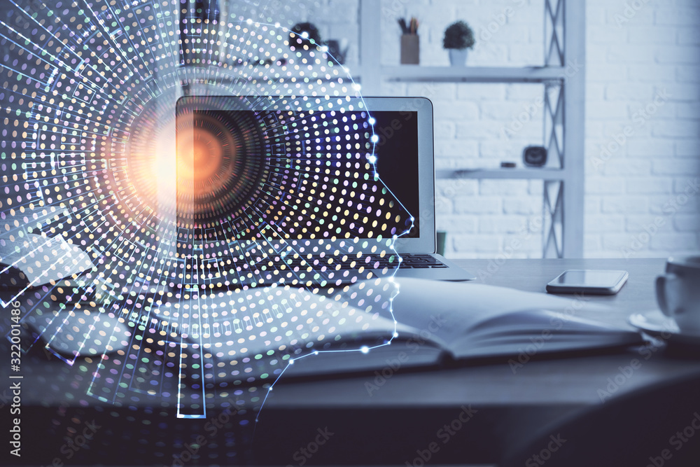 Poster Double exposure of table with computer and brain hologram. Data innovation concept.