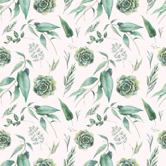 Botanical seamless pattern. Watercolor tree branches and green plants ornament. Hand painted floral repeating texture on white background.