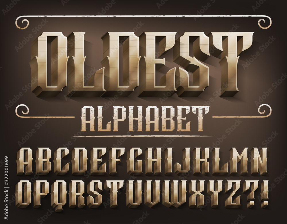 Fototapete oldest alphabet font. 3d metal ancient letters. stock vector typescript for your design.