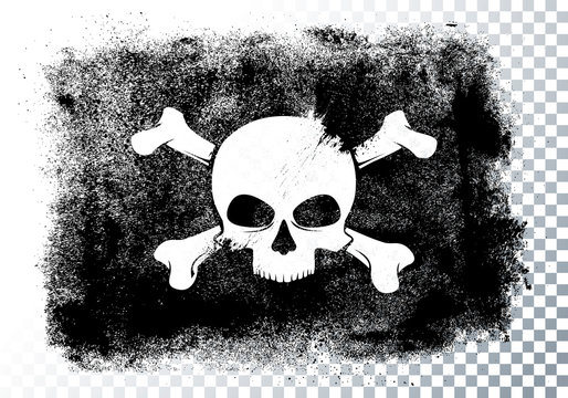 Vector illustration isolated black pirate flag with skull and bones in grunge style.
