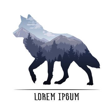 Silhouette of a wolf and wildlife. Vector illustration with mountain landscape. Double exposure with forest and mountain landscape.