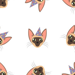 Vector siamese Cat head for cat's birthday celebration greeting card or invitation banners seamless pattern.
