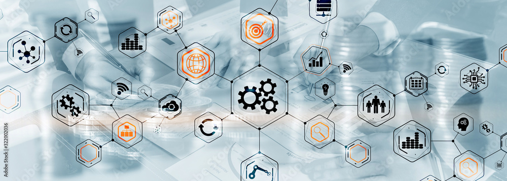 Poster gears icons engineering manufacturing automation innovation structure abstract concept.