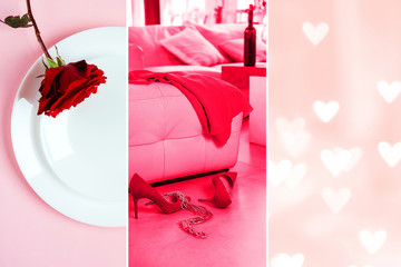 Valentines Day fashion layout with female accessories on classic red and white background.