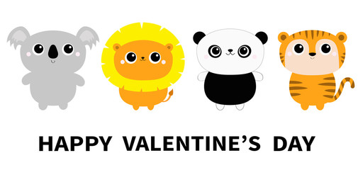 Happy Valentines Day. Koala Lion Panda bear Tiger ftoy icon set. Cute cartoon character. Kawaii wild animal. Funny baby kids print. Love Greeting card. Flat design. White background. Isolated.