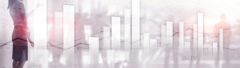 Fototapeta premium Buy and sell finacial concept. Business Graph Stock Market chart. Digital charts and screen interface. Panoramic banner.