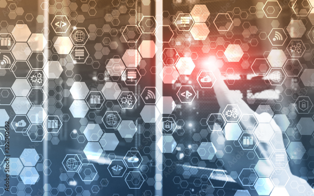 Poster digital internet connection technology concept. icons on server rack room background