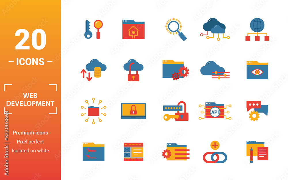 Poster web development icon set. include creative elements key search, seo, cloud storage, cloud management