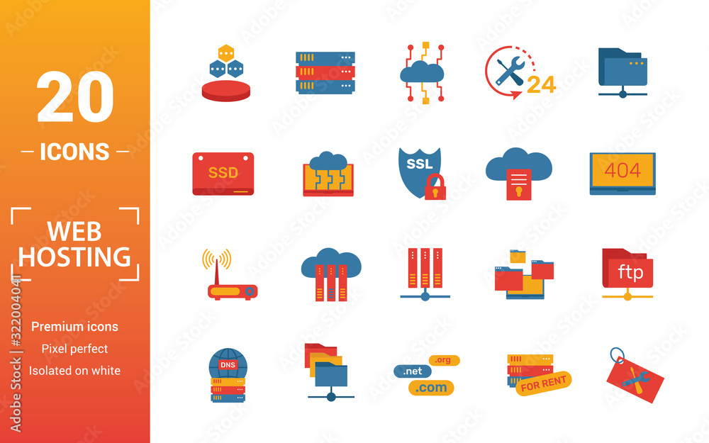 Poster web hosting icon set. include creative elements data structure, cloud technology, ssd, file access, 