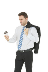 Smart businessman in white shirt holding and looking hot coffee cup isolated on white background