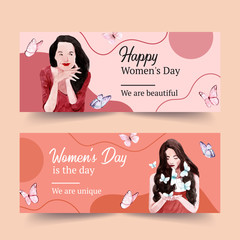 Women day banner design with women, butterfly watercolor illustration.