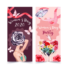 Women day flyer design with ribbon, butterfly, flower watercolor illustration.