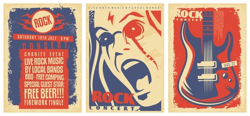 Set of poster templates for rock music concerts and musical events. Live music party flyers collection. Hard rock, punk or pop music signs with electric guitar, singer portrait and artistic lettering. - obrazy, fototapety, plakaty