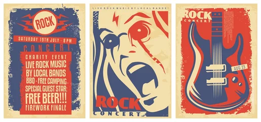 Wandaufkleber Set of poster templates for rock music concerts and musical events. Live music party flyers collection. Hard rock, punk or pop music signs with electric guitar, singer portrait and artistic lettering. © lukeruk