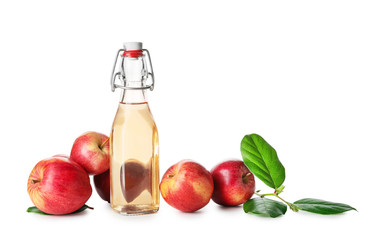 Bottle of apple cider vinegar on white background