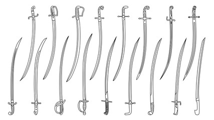 Set of simple monochrome images of saber swords drawn by lines.