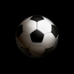 Naklejka premium football tournament sport poster design banner with 3d realistic shiny ball isolated on black background. Luxury Illustration soccer championship template with realistic black and white classic ball