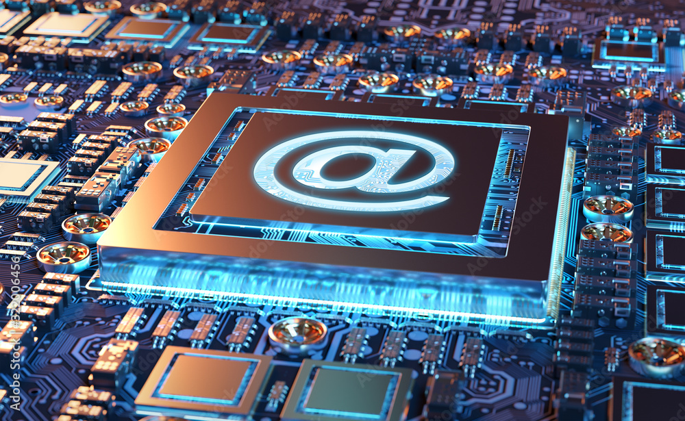 Fototapete close-up view of a modern gpu card with email icon 3d rendering