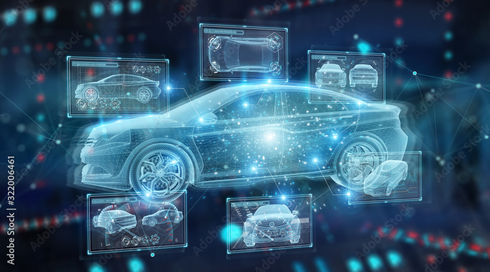 Poster holographic smart car interface projection on blue background 3d rendering