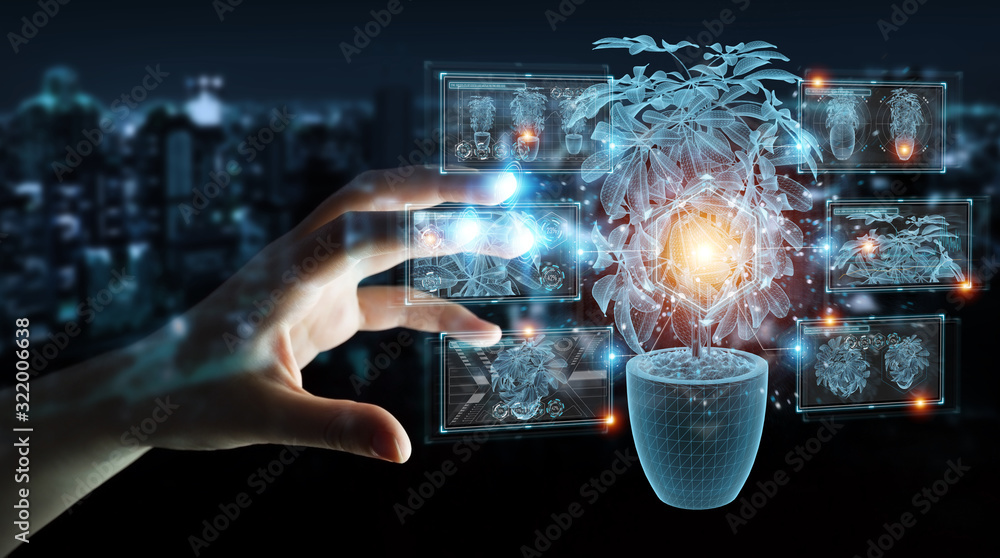 Leinwandbilder man hand holding and touching holographic projection of a plant with digital analysis 3d rendering