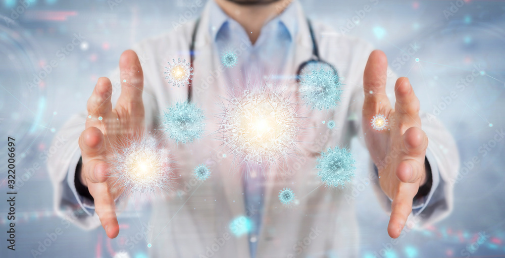Poster doctor analyzing holographic cell projection through magnifying glass 3d rendering