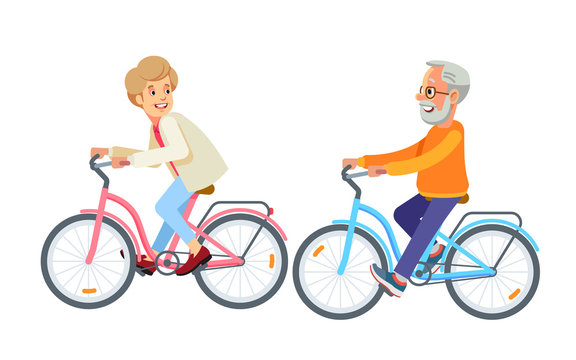 Happy mature couple going biking together in the park. Elderly riding bicycle. Couple riding bikes. Grandparents on bicycle. Cycling, flat, cartoon style vector illustration isolated background