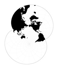 Black world map on white background. Modified stereographic projection for the Pacific ocean. Plan world geographical map with graticlue lines. Vector illustration.