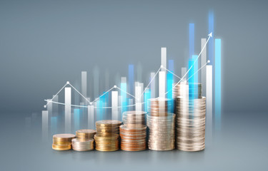  Graph stock market. Pile of Coins on stacks. investment  saving concept