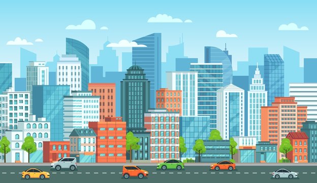 Cityscape with cars. City street with road, town buildings and urban car cartoon vector illustration. Panoramic view with automobiles riding against modern downtown skyscrapers on background.