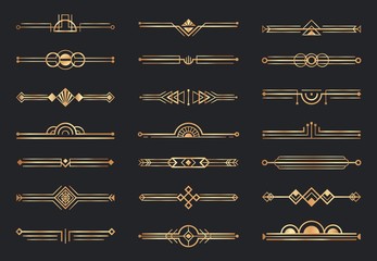 Golden art deco dividers. Decorative geometric border, retro gold dividers and luxury 1920s decoration elements vector set. Collection of decorative horizontal lines, ornaments in fancy vintage style.