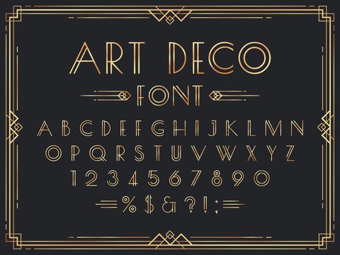 Golden art deco font. Luxury decorative 1920s geometric letters, ornamental gold numbers and retro frame vector set. Elegant vintage English alphabet, digits, punctuation marks, typographic symbols.