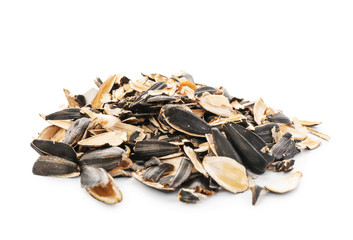 Shell of sunflower seeds on white background. Recycling concept