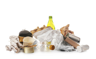 Different garbage on white background. Recycling concept