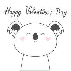 Happy Valentines Day. Koala bear line face head. Cute kawaii animal. Cute cartoon funny baby character. Kids print for poster, t-shirt. Love heart. Scandinavian style. White background. Flat design