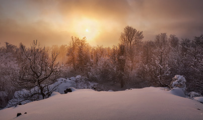 Beautiful winter landscape in the mountains. Sunrise