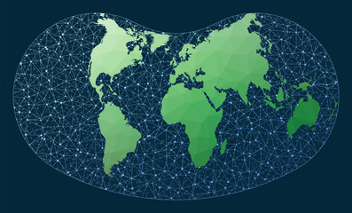 Internet and global connections map. Hill projection. Green low poly world map with network background. Amazing connections map for infographics or presentation. Vector illustration.