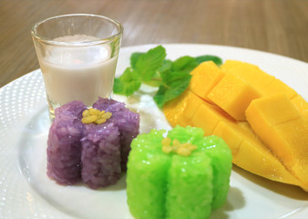Plate of Famous Thai Dessert Sticky Rice with Fresh Ripe Mango and Coconut Milk