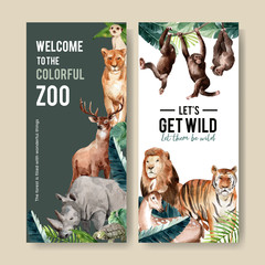 Zoo flyer design with meerkat, lion, tiger watercolor illustration.