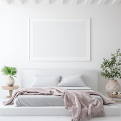 Mockup poster frame in white cozy bedroom interior, Scandinavian style, 3d render