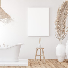 Mockup canvas in minimalist white bathroom interior, 3d render