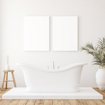 Mockup canvas in minimalist white bathroom interior, 3d render